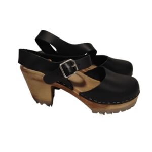 MIA Black Leather Clogs with Wooden Heel